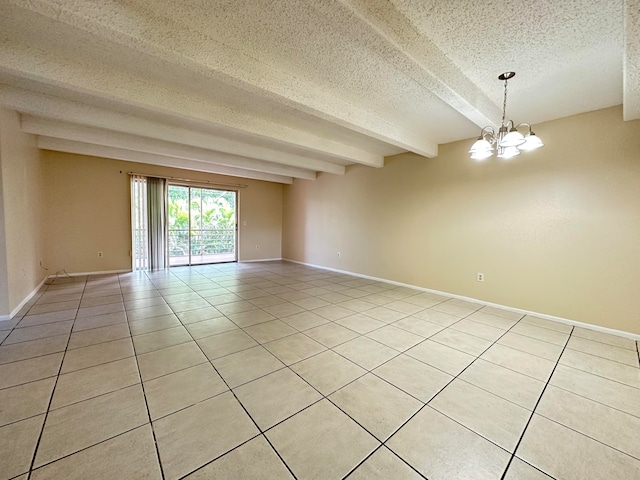 spare room featuring beam ceiling, a notable chandelier, a textured ceiling, and light tile floors