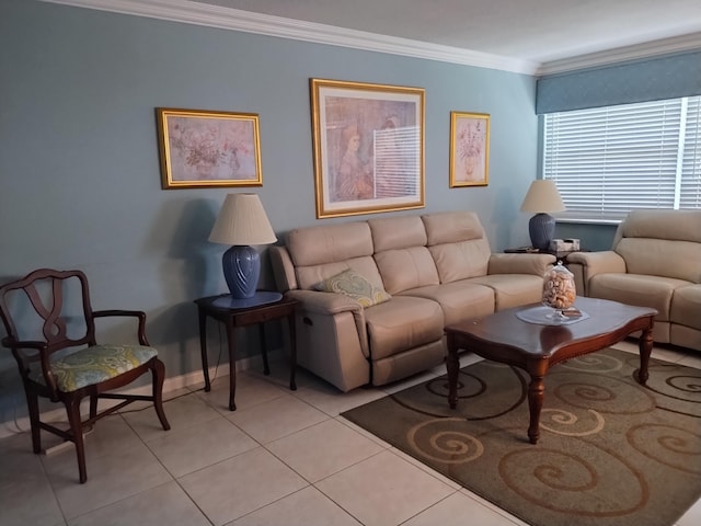 living room featuring crown molding and light tile patterned floors