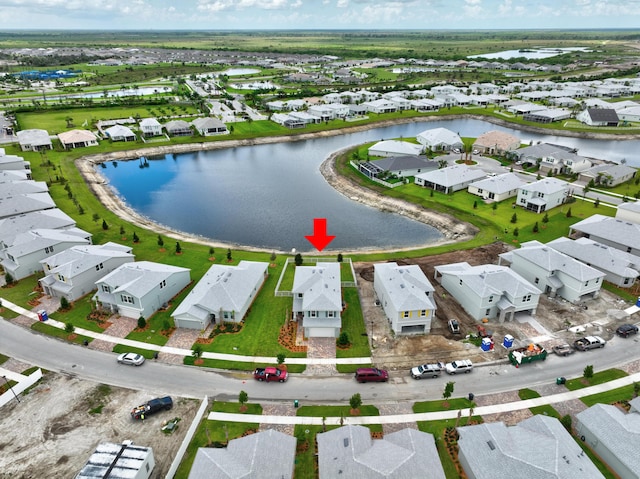 drone / aerial view featuring a water view