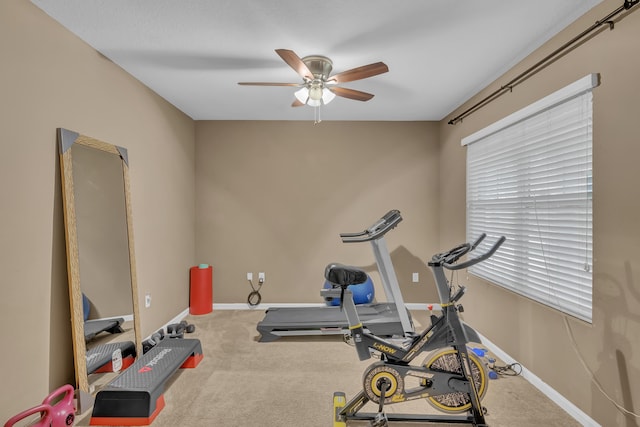 workout room featuring carpet flooring, plenty of natural light, and ceiling fan