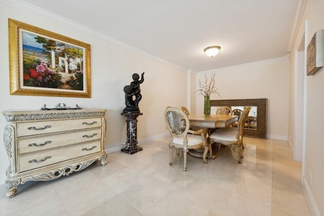 dining space featuring tile floors and crown molding