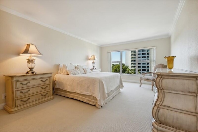 bedroom with light carpet and ornamental molding