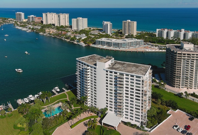 drone / aerial view with a water view