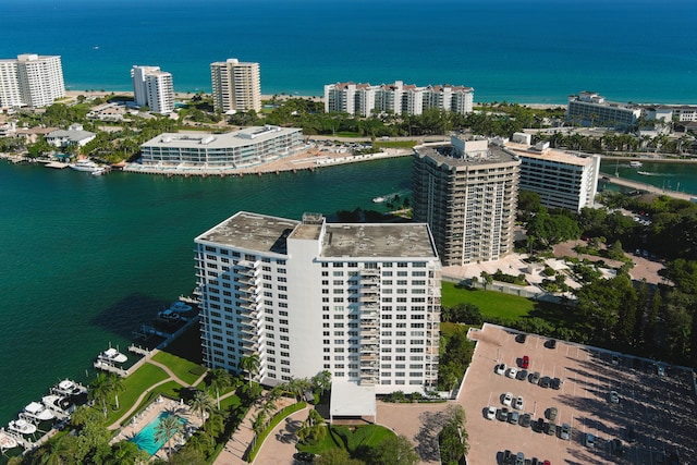 drone / aerial view with a water view