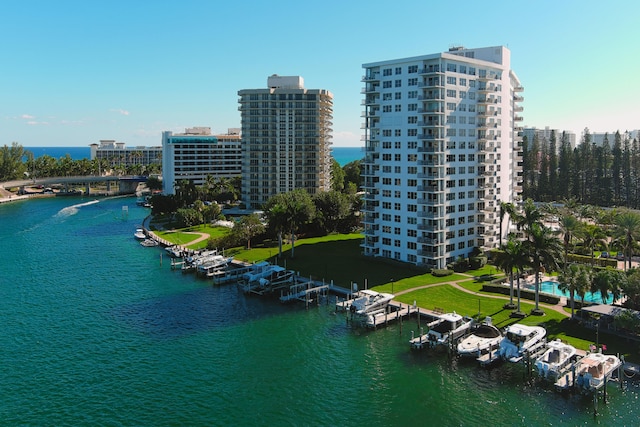 bird's eye view with a water view