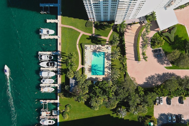 aerial view featuring a water view