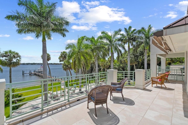 view of patio / terrace featuring a water view