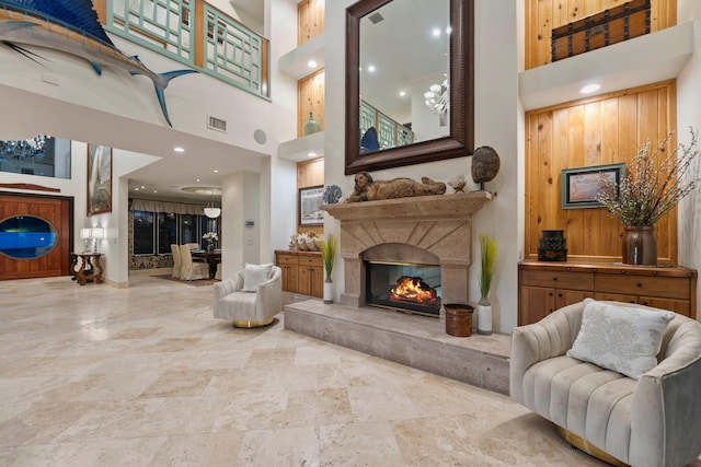 living room with a high ceiling