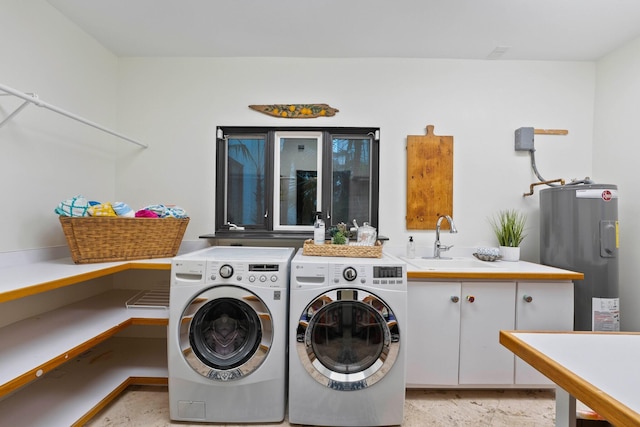 laundry area with sink, electric water heater, and washing machine and clothes dryer