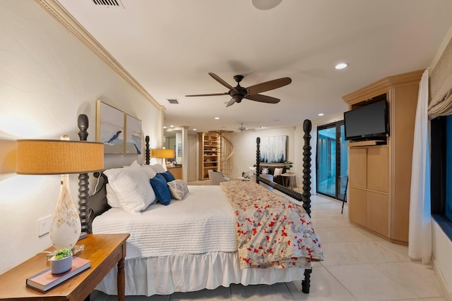 tiled bedroom with access to outside, ceiling fan, and ornamental molding