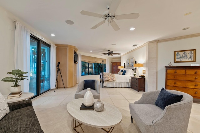 tiled bedroom featuring access to exterior, ceiling fan, and crown molding