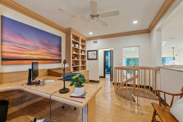 office area with crown molding, built in features, light hardwood / wood-style floors, and ceiling fan with notable chandelier