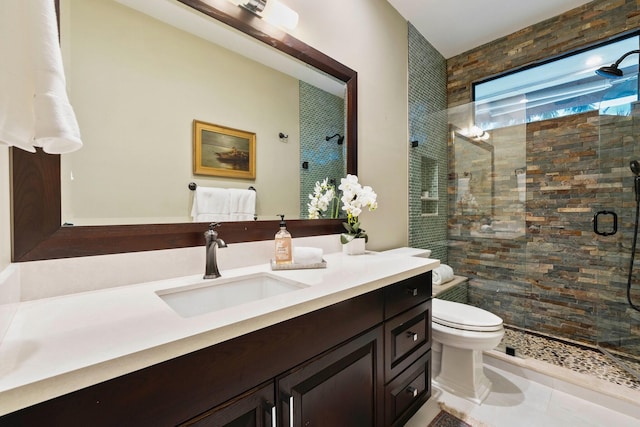 bathroom with vanity, toilet, and a shower with shower door