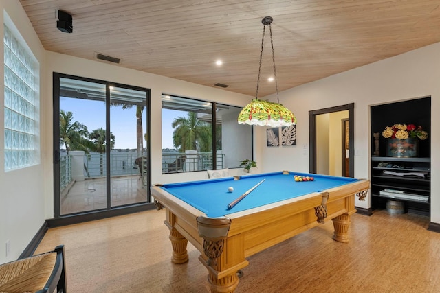 game room featuring pool table and wood ceiling