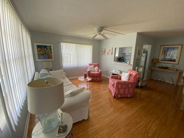 living room featuring hardwood / wood-style flooring, ceiling fan, and a textured ceiling