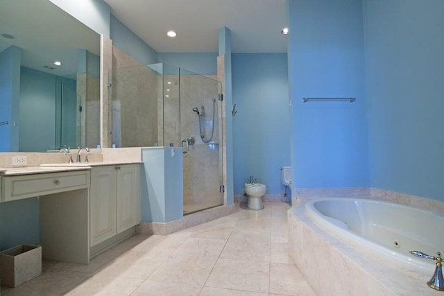 bathroom with a bidet, oversized vanity, shower with separate bathtub, and tile floors