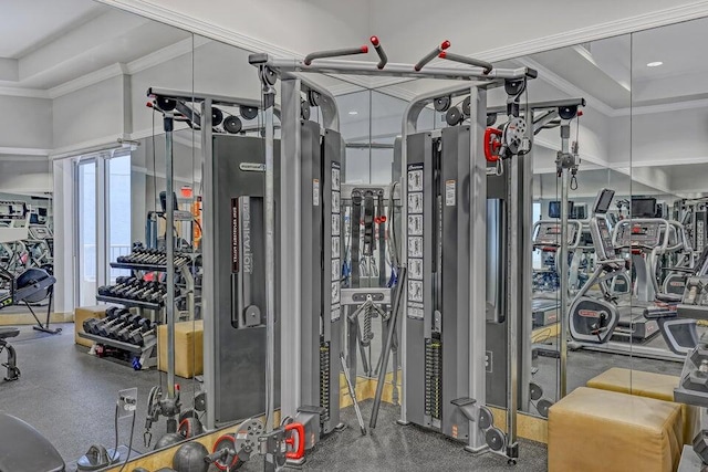 gym with ornamental molding and a tray ceiling