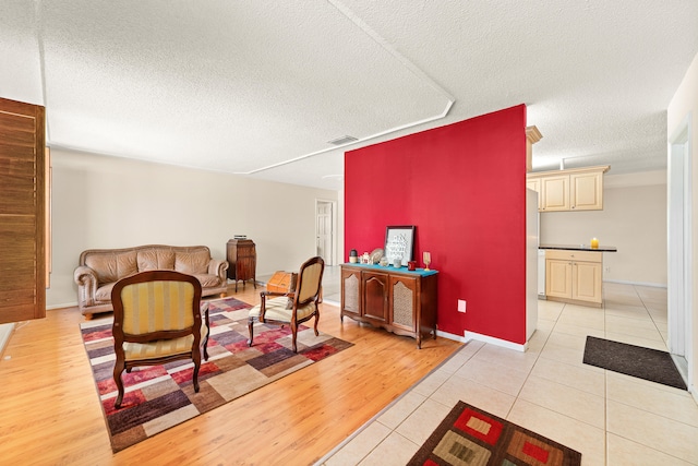 living room featuring a textured ceiling and light hardwood / wood-style flooring