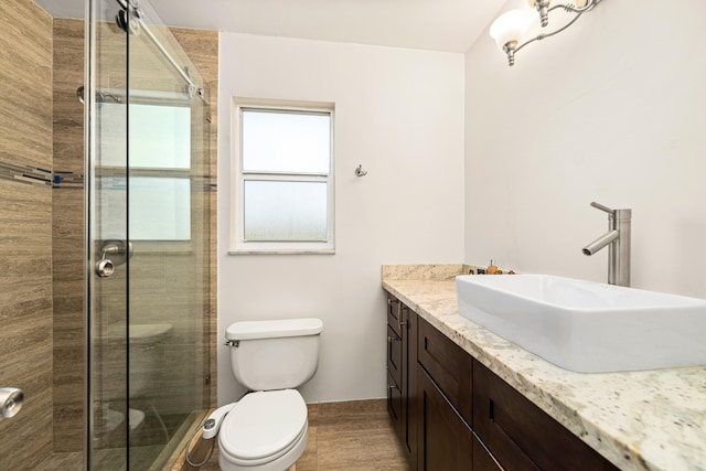 bathroom featuring walk in shower, vanity, and toilet