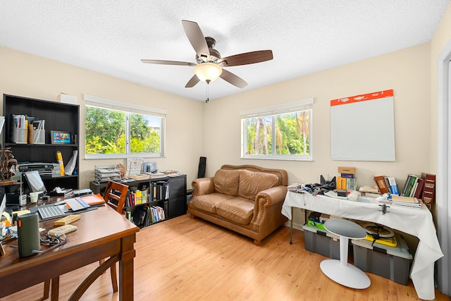 home office with ceiling fan, plenty of natural light, light hardwood / wood-style floors, and a textured ceiling