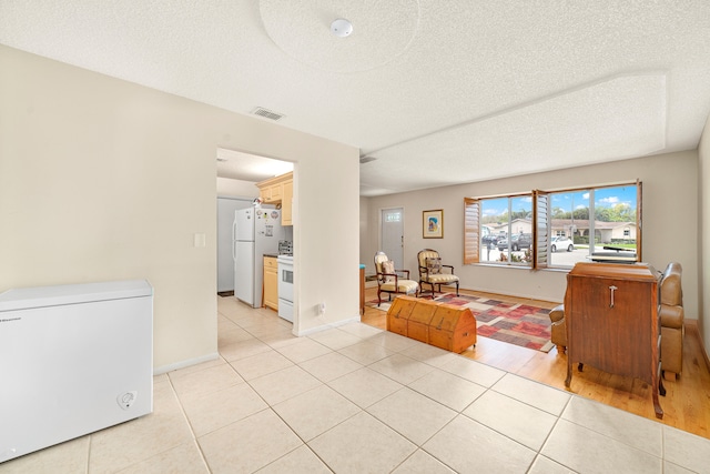 living room with light hardwood / wood-style floors and a textured ceiling