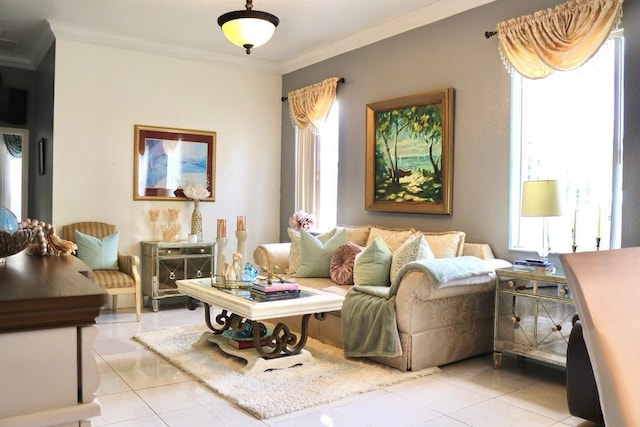 living room with crown molding and light tile patterned flooring