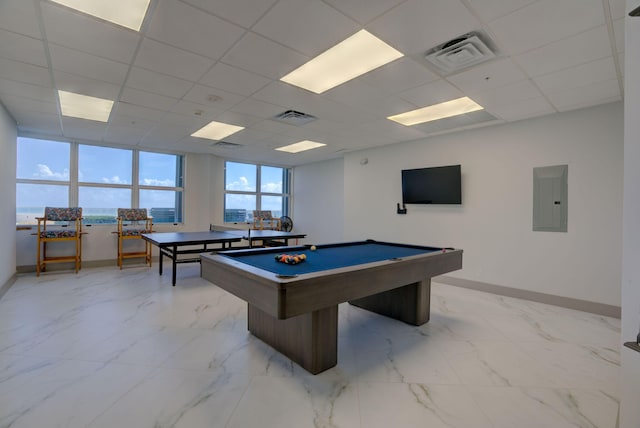 recreation room featuring billiards, a drop ceiling, and electric panel