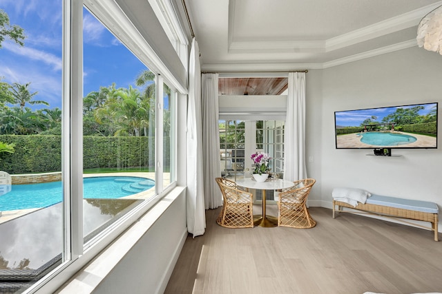 sunroom featuring a tray ceiling