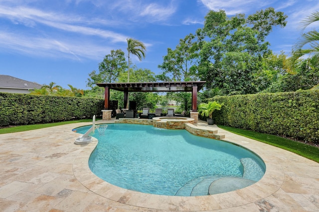 view of pool with an in ground hot tub, a pergola, and a patio