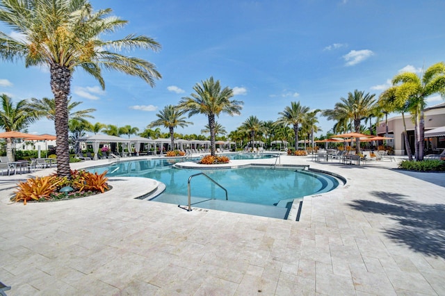 view of swimming pool featuring a patio area