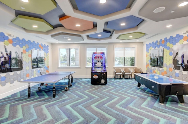 game room with carpet flooring, plenty of natural light, and coffered ceiling