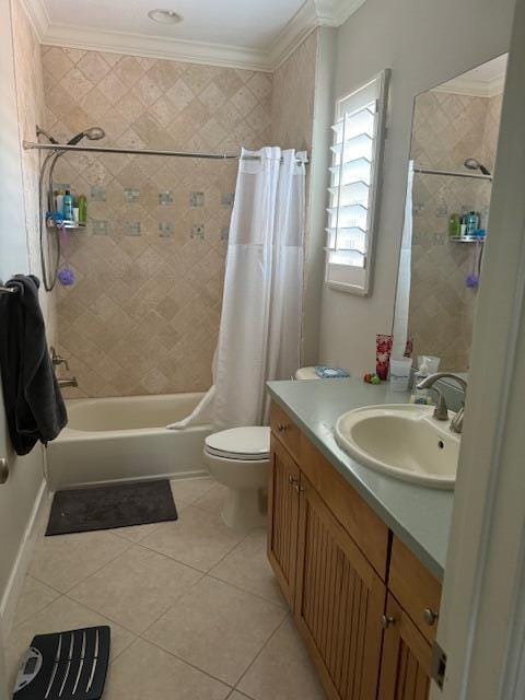 full bathroom with tile flooring, shower / bath combination with curtain, ornamental molding, toilet, and vanity