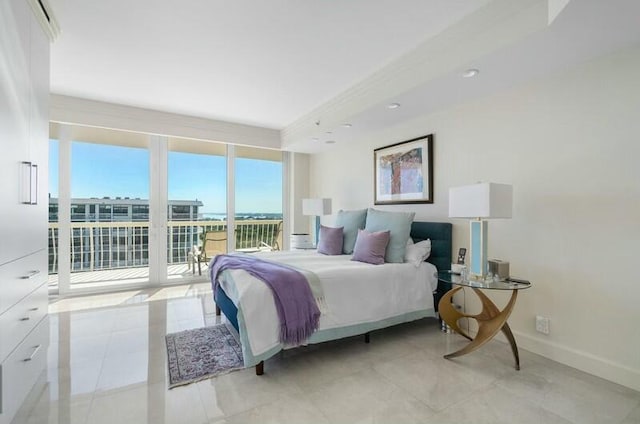 tiled bedroom featuring floor to ceiling windows and access to exterior