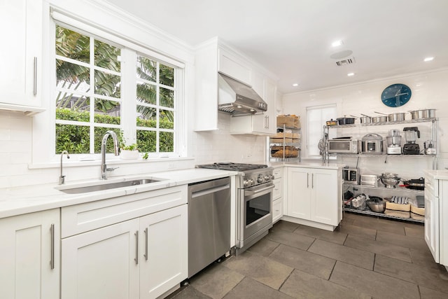 kitchen featuring sink, stainless steel appliances, decorative backsplash, white cabinets, and exhaust hood