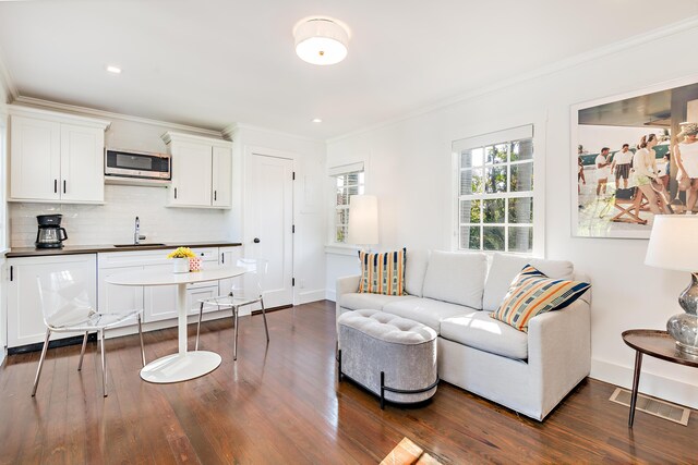 living room featuring crown molding, dark hardwood / wood-style flooring, and sink