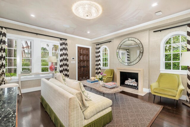 living room with crown molding and dark hardwood / wood-style flooring