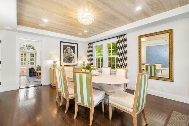 dining room featuring dark hardwood / wood-style floors, wooden ceiling, a tray ceiling, and french doors