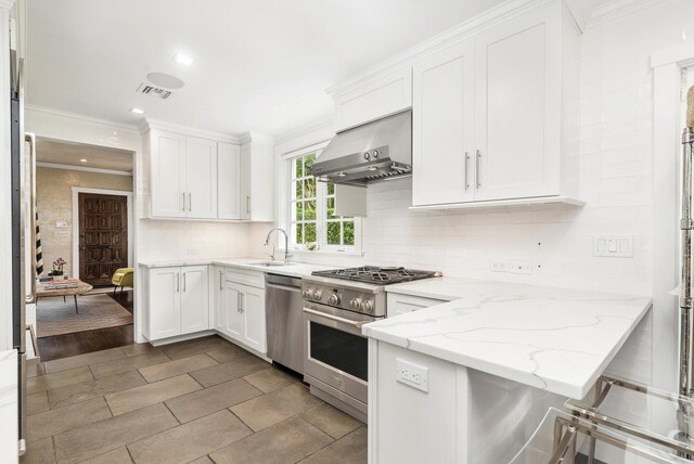 kitchen with white cabinetry, sink, stainless steel appliances, light stone counters, and exhaust hood