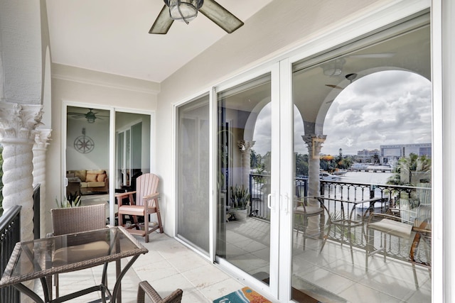 balcony with a ceiling fan