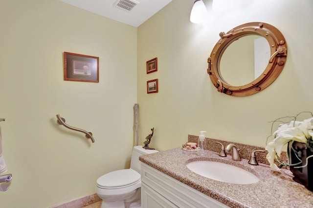 half bath with toilet, visible vents, and vanity