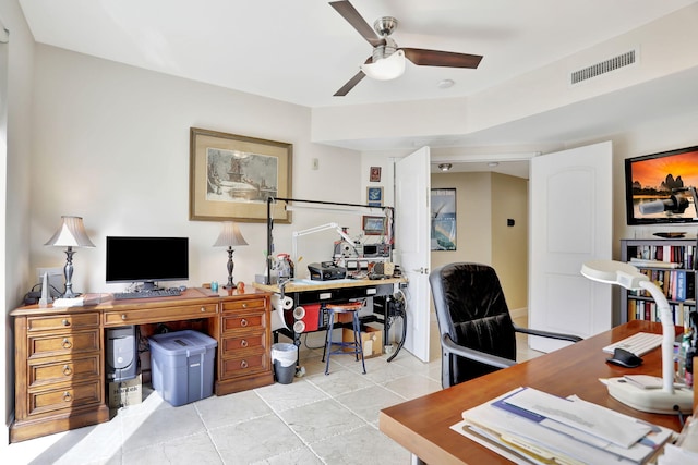 home office featuring visible vents and ceiling fan