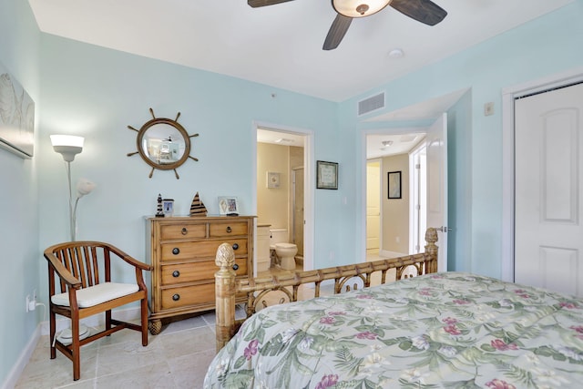 bedroom featuring connected bathroom, a ceiling fan, visible vents, baseboards, and a closet