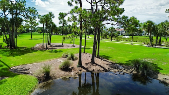 view of home's community with a yard and a water view