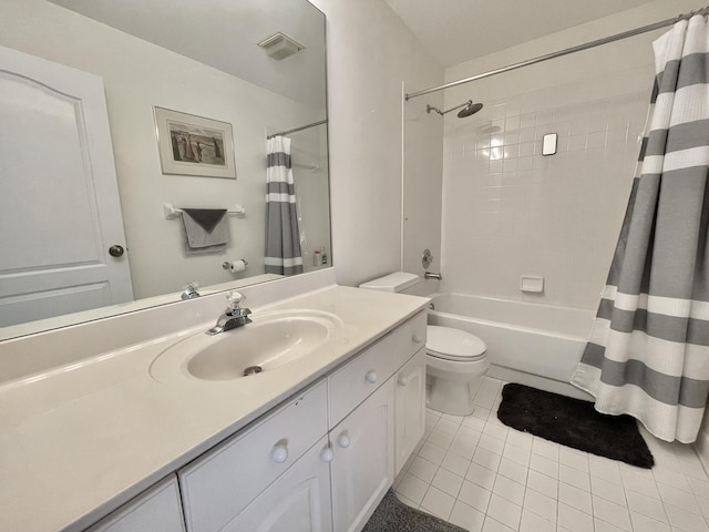 full bathroom featuring tile patterned floors, vanity, toilet, and shower / bathtub combination with curtain