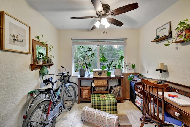 office space with ceiling fan and a textured ceiling