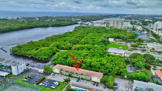 bird's eye view with a water view