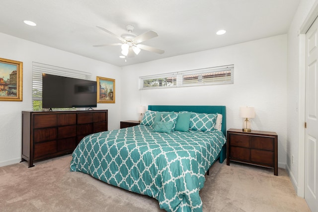 carpeted bedroom with ceiling fan, recessed lighting, and baseboards