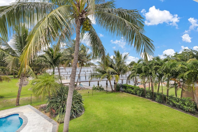 view of yard with a fenced backyard and a fenced in pool