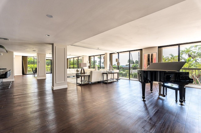 miscellaneous room featuring dark wood-type flooring, a wall of windows, and plenty of natural light