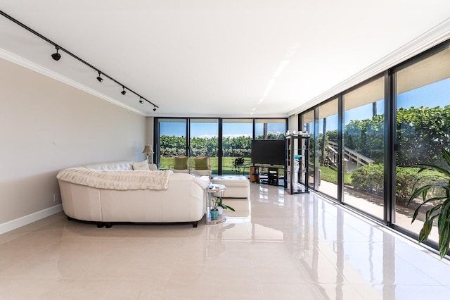 living room with floor to ceiling windows, track lighting, light tile flooring, and crown molding